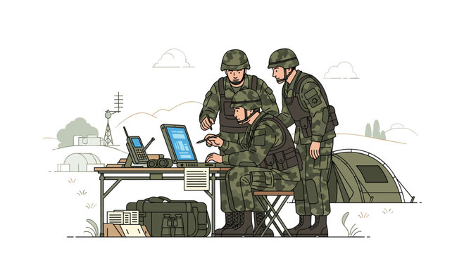 Military personnel wearing camouflage gear operate a high-tech field station featuring a laptop and specialized radio equipment on a folding wooden table.
