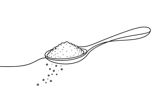 Continuous one line drawing of a spoon filled with sugar, salt, or spice, minimalist black and white vector illustration of a kitchen utensil with falling grains, simple elegant culinary design.