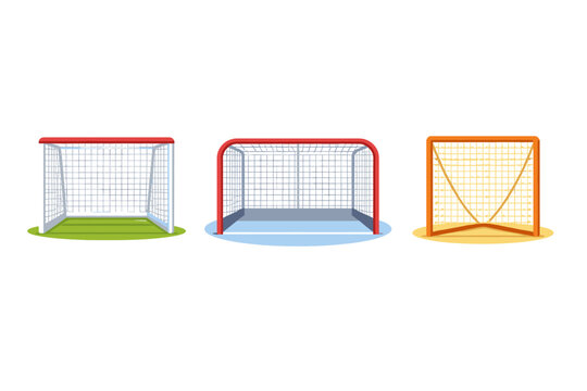 Flat vector illustration set of sports equipment icons featuring a soccer goal on green grass, an ice hockey net on a blue rink, and a lacrosse goal on sand, isolated on a white background.