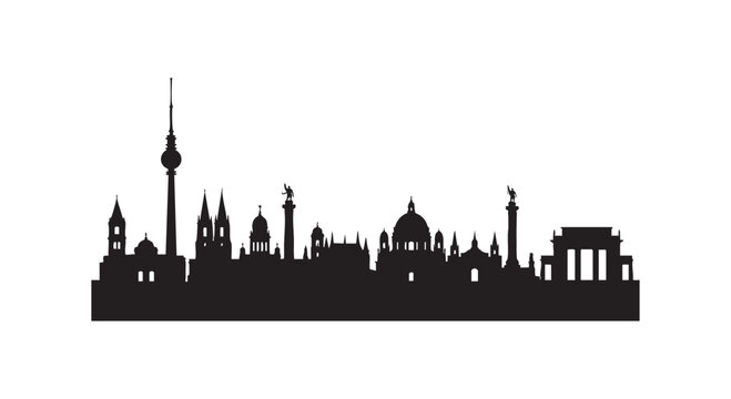 Silhouette of berlin germany cityscape with famous landmarks and buildings against a clear white background.