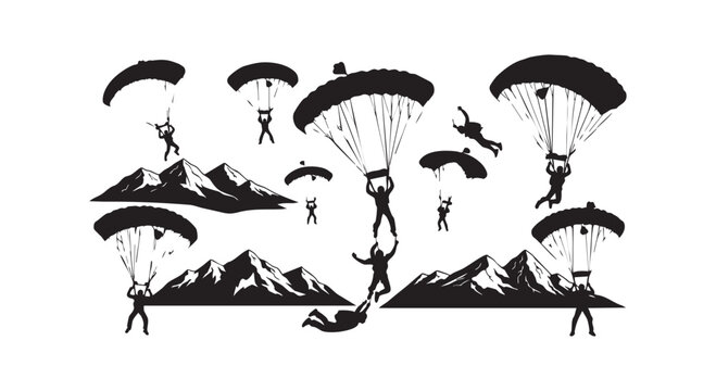 Silhouette of skydivers with parachutes descending over mountains, adventurous extreme sports and freedom concept.