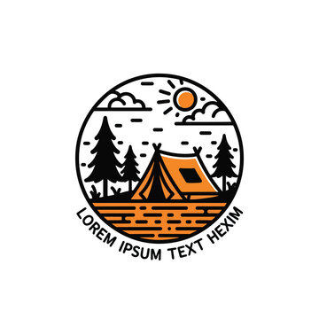 Camping adventure outdoor badge illustration with tent and forest.