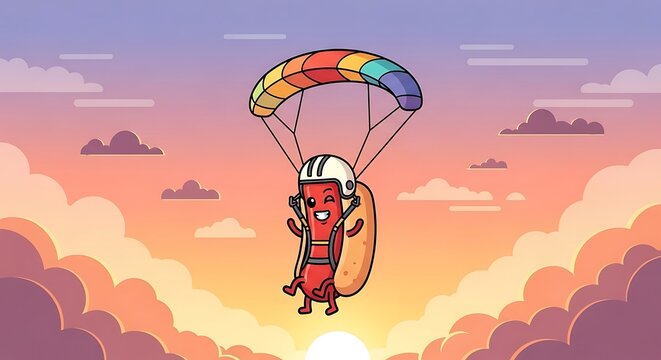 A smiling anthropomorphic hotdog wearing a helmet, paragliding with a colorful parachute against a sunset sky with fluffy clouds