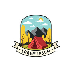 Obraz premium Camping tent emblem design featuring mountain scenery and autumn trees.