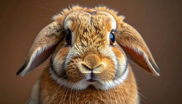 A fluffy, brown rabbit with droopy ears, facing forward, with a blurred brown background, captures focus