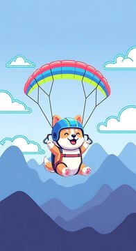 Animated cartoon image of a happy canine dog, wearing a helmet and parachute, floating over mountains under a cloudy sky