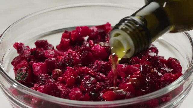 Russian beetroot vinaigrette salad with green peas, boiled vegetables and dill, close up in restaurant. 