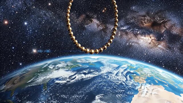Golden Beads Over Earth and Space - This video depicts a string of golden beads arching over the Earth as seen from space, set against a backdrop of stars and the Milky Way galaxy.