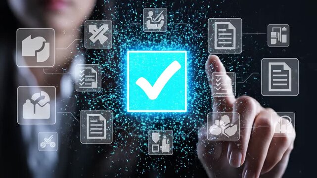 Digital Approval Concept with a hand touching a glowing blue checkmark icon on a virtual interface for corporate presentations and quality assurance marketing.