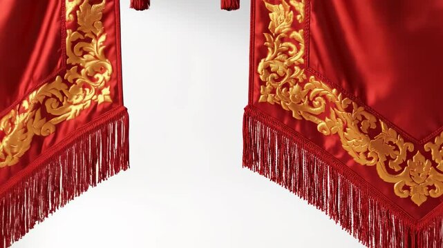 Elegant Royal Banners featuring two red silk gonfalons with gold embroidery on wooden stands for historical presentations and luxury event branding.