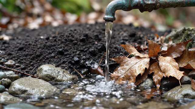 Water Flowing From Old Tap - A close-up shot of water flowing from an aged, weathered metal tap into a small pool. Wet leaves and pebbles surround the pool of water adding a natural element.
