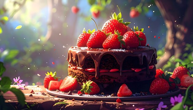 A decadent chocolate cake topped with fresh strawberries in a dreamy forest setting under soft, diffused sunlight