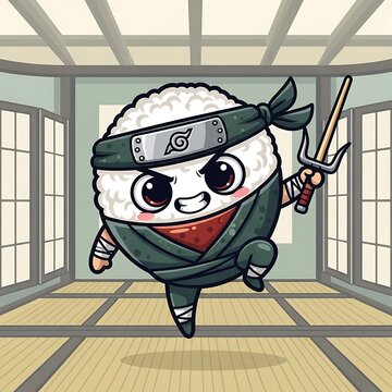 A cartoon rice ball character dressed as a ninja, holding a sai, standing in a traditional room