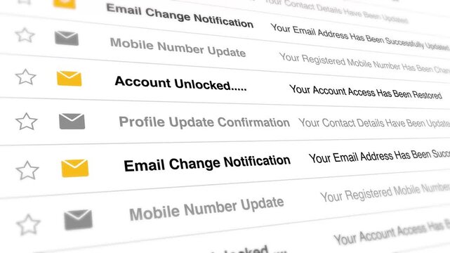 A close-up video of a computer screen displaying various email notifications and account updates.