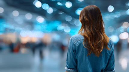 Fototapeta premium Young woman with long wavy hair stands indoors, facing away, surrounded by a modern blurred background with bokeh lights. Urban lifestyle and solitude concept in a vibrant city environment