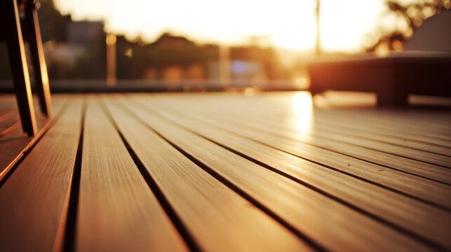 deck. Wooden deck surface at dusk with warm golden hour lighting. travel magazines, destination branding, designed for outdoor magazines and nature guides, used by recruiters.

