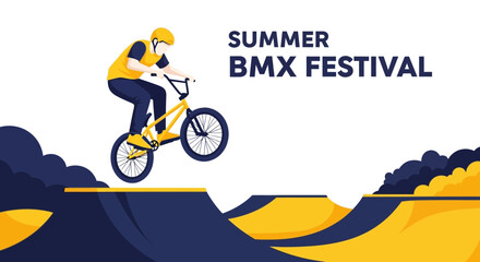 Naklejka premium Summer BMX Festival Illustration Depicting Athlete Performing Stunt on Bicycle in Yellow and Blue