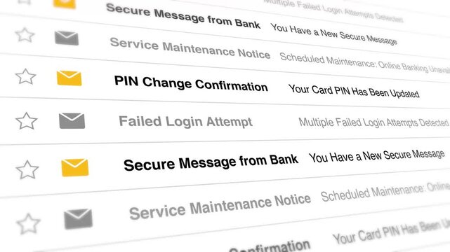 A video showcasing a close-up of a computer screen displaying various email notifications including PIN change confirmation and secure messages from a bank.