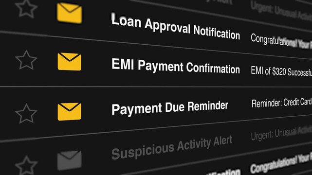 A close-up video of a computer screen displaying various banking notifications and alerts on a black background.