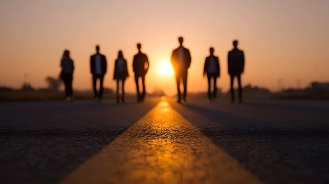 A group of people walks together down a vibrant glowing road toward the sunrise symbolizing a shared journey into the future