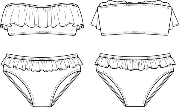 womens ruffle trim bandeau bikini set strapless tube top two piece swim suit flat sketch vector illustration technical cad drawing template