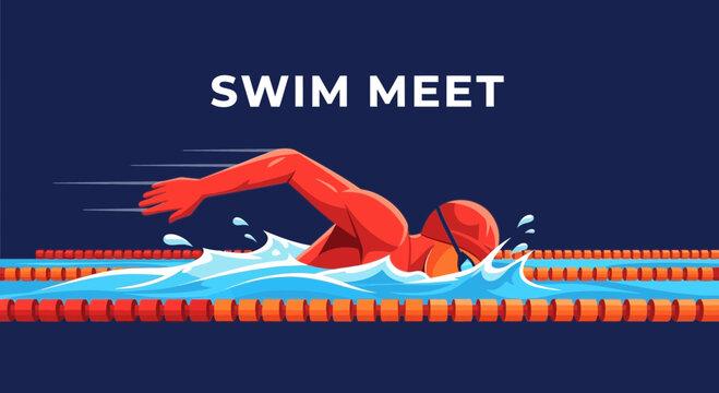 Swimming Competition Poster Depicting Swimmer In Mid-Stroke Action Displaying Aquatic Motion