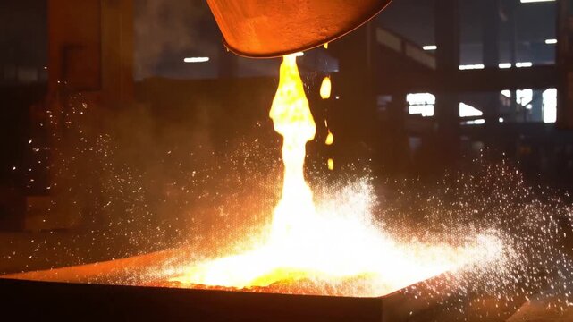 Static shot of molten metal pouring into casting mold inside industrial foundry workshop with sparks and glowing liquid