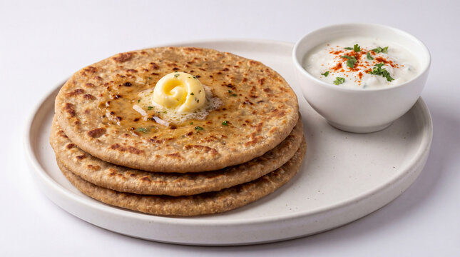 Stack of traditional Indian aloo paratha flatbreads with yogurt dip and herbs on white plate
