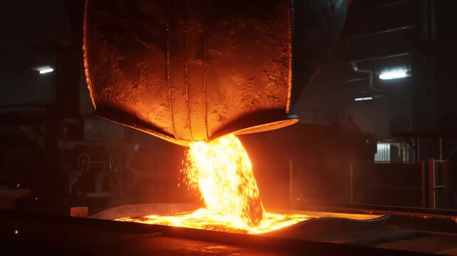 Slow motion tracking pan of molten metal pouring from ladle into casting pit in industrial foundry workshop at night