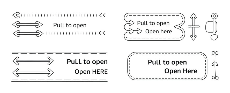 Dashed line buttons and labels with 'Pull to open' and 'Open here' instructions