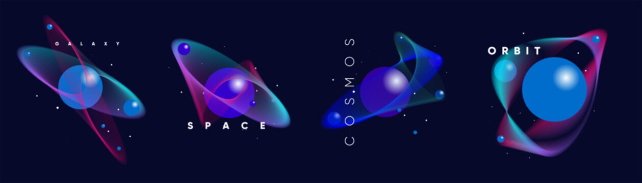 Abstract cosmic illustration featuring colorful planets and orbits against a dark background. The design includes text elements like galaxy, space, cosmos, and orbit.