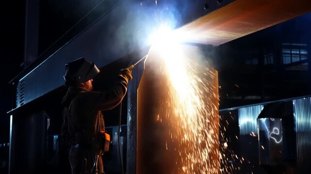 Slow motion tracking shot of welder cutting steel beam with sparks falling inside industrial factory workshop at night