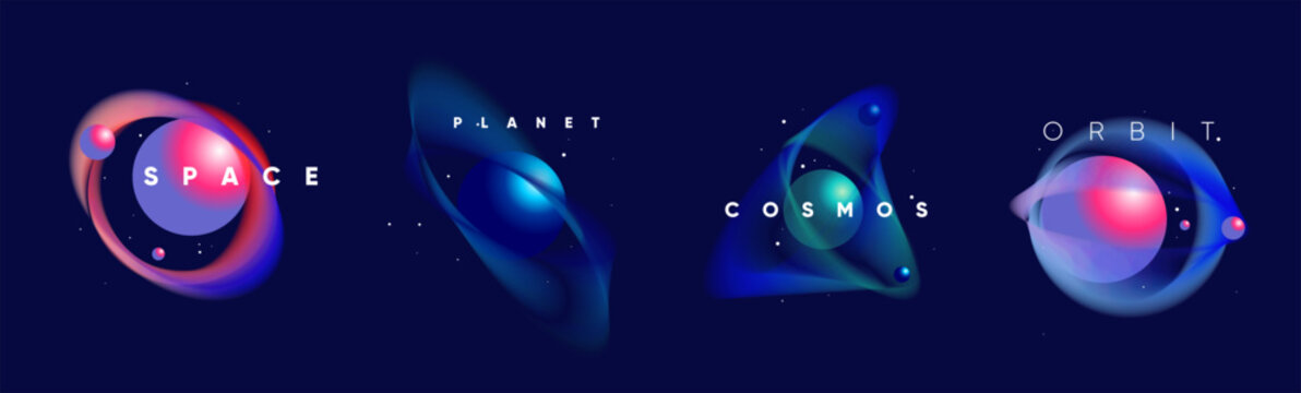 Abstract illustration featuring colorful, swirling planetary designs with the words 'Space', 'Cosmos', and 'Planet'. The vibrant colors and dynamic shapes evoke a sense of cosmic wonder.