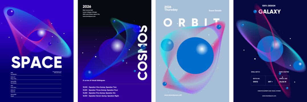 Futuristic posters featuring abstract space themes with vibrant colors and geometric shapes. Perfect for events, lectures, or creative displays. Captivating and modern design.