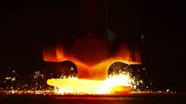 Slow motion closeup of heated metal being struck by hammer on anvil in industrial forge workshop