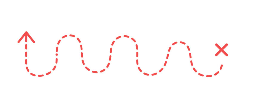 Red dashed arrow pointing up and then curving to the right with a red cross.