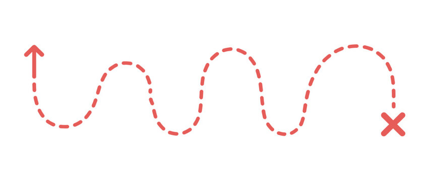 Red dashed arrow pointing up and then curving to the right ending with a red cross.