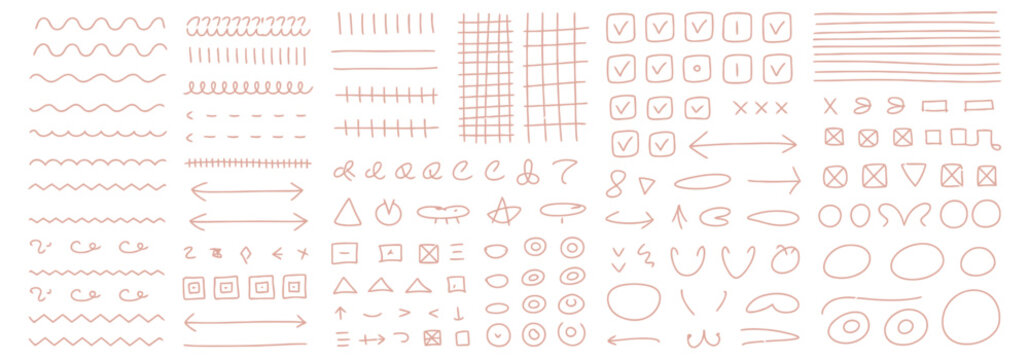 Variety of hand-drawn lines, arrows, checkmarks, and geometric shapes in red on a white background