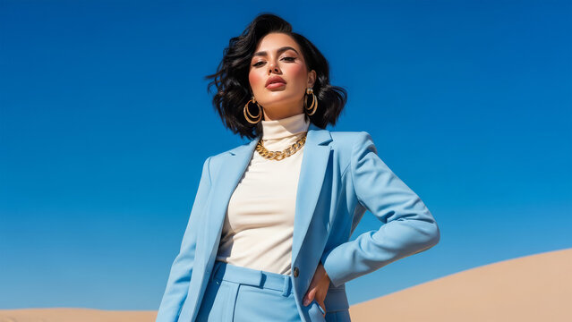 Businesswoman standing confidently in desert landscape with blue suit