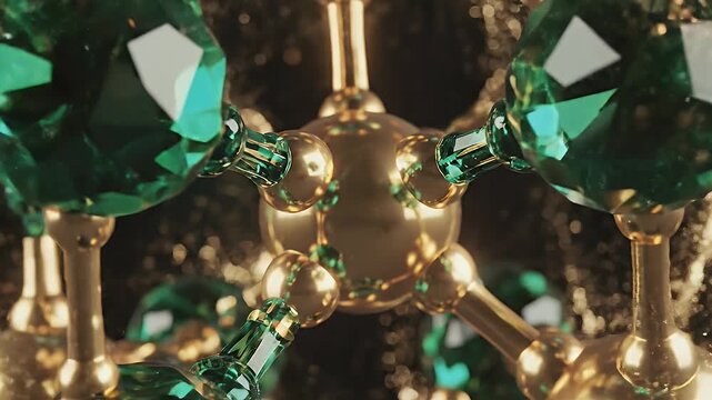 Golden Sphere with Green Crystal Connections - A close-up shot of a golden, spherical structure connected to several green, crystal-like objects by golden rods.