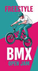 Naklejka premium Thrilling Artistic Depiction of a BMX Rider Performing Freestyle Stunts at the Open Jam Event