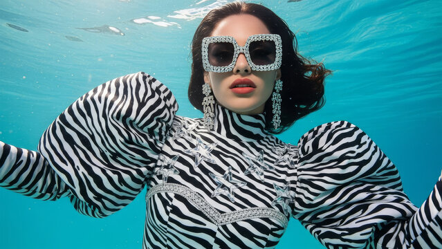 Woman wearing zebra print clothing and sunglasses swims underwater with a calm face