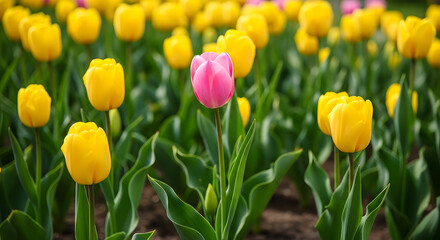 Obraz premium Bright yellow and pink tulips blooming in spring garden with green leaves and soft sunlight background