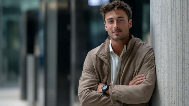 Smiling man in casual jacket leaning against a textured column outdoors