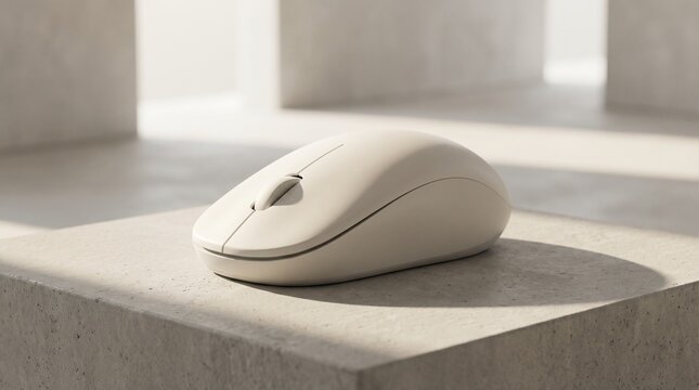 Modern beige wireless mouse on a concrete block in minimalist setting