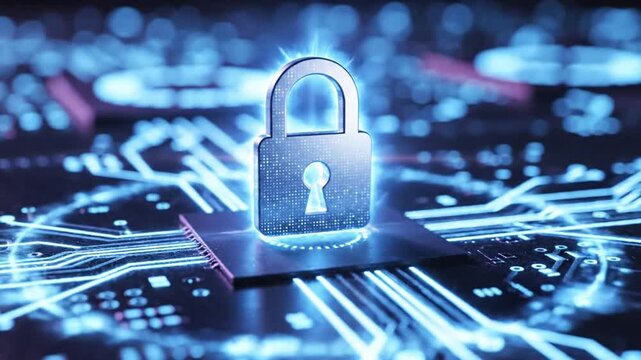 Digital padlock on circuit board background.