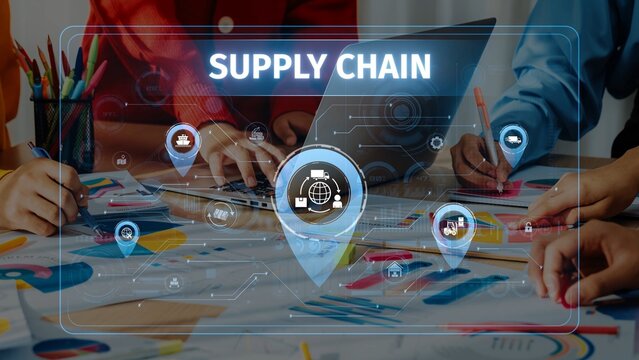 This image illustrates a collaborative supply chain management scene with diverse hands working on charts, emphasizing data analysis and strategic planning in business environments. Raster