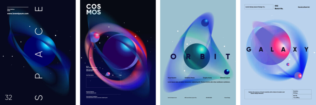 Abstract cosmic illustrations featuring vibrant planets and swirling orbits set against deep space backgrounds. Perfect for futuristic designs and creative projects.