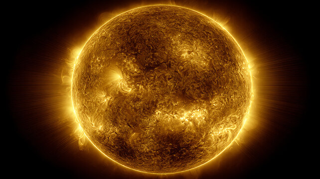 Detailed solar star with burning surface and powerful flares, bright glowing sun with realistic texture and plasma energy, space background for astronomy, science visuals and cosmic digital design png