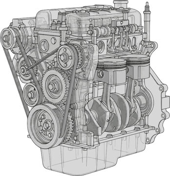 Detailed illustration of an internal combustion engine showcasing complex machinery on transparent background silhouette high quality professional detailed modern elegant stylish